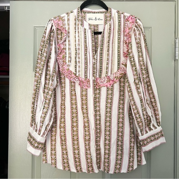 Block Print Lace Long Sleeve Mandarin Collar Blouse Ruffled - Picture 1 of 5